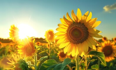 Obraz premium campo de girasoles. rayo de sol. contraluz