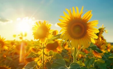 Obraz premium campo de girasoles. rayo de sol. contraluz