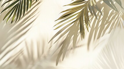 Obraz premium Blurred shadow palm leaves on light cream wall, vacation travel beach holiday