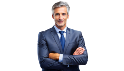 A mature man in a navy blue suit, confidently crossing his arms and smiling, projecting professionalism and leadership on a transparent background