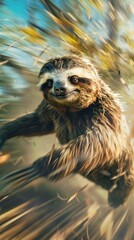 Fototapeta premium A happy sloth speeds through the forest, leaving a colorful trail