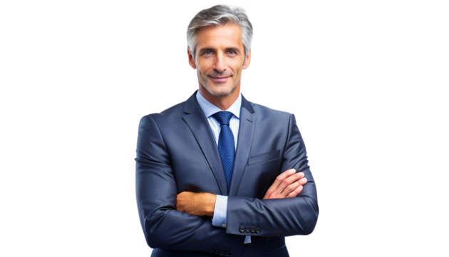 A mature man in a navy blue suit, confidently crossing his arms and smiling, projecting professionalism and leadership on a transparent background