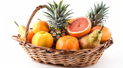 Exotic fruit mix—including coconuts, mango, fig, passion fruit, and carambola. Food levitation and zero gravity concept. High-resolution image.