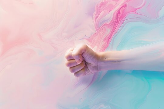 Fist raised in determination against a pastel marbled background of pink and blue hues.