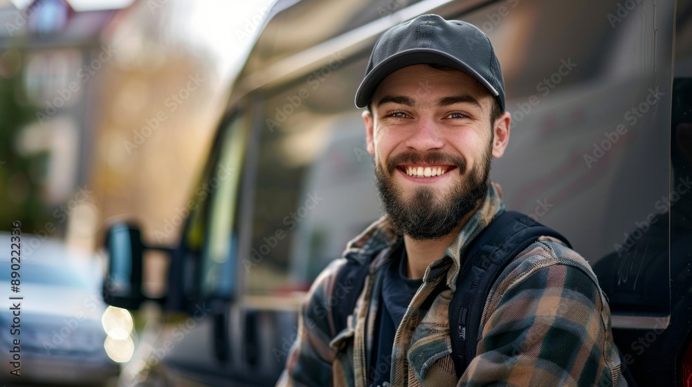 Poster A man with a beard and a hat is smiling and posing for a picture