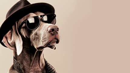 A Weimaraner dog wearing a hat and sunglasses looks off to the side