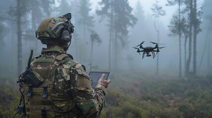 A soldier in camouflage uses a tablet to control drones in a foggy forest, demonstrating modern military equipment.