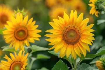 Fototapeta premium Close-up of vibrant yellow sunflowers blooming in a summer field, showcasing nature's beauty and freshness - Generative ai