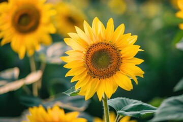 Naklejka premium Close-up of vibrant yellow sunflowers blooming in a summer field, showcasing nature's beauty and freshness - Generative ai