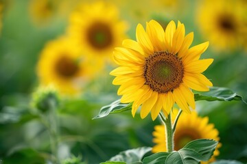 Obraz premium A field of vibrant yellow sunflowers with one flower in focus, highlighting the beauty of nature - Generative ai