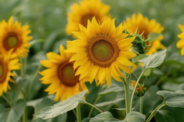 Fototapeta premium A field of vibrant yellow sunflowers with one flower in focus, highlighting the beauty of nature - Generative ai