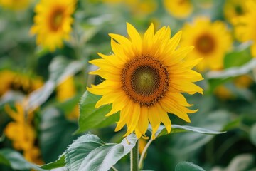 Fototapeta premium A field of vibrant yellow sunflowers with one flower in focus, highlighting the beauty of nature - Generative ai