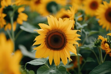 Fototapeta premium A field of vibrant yellow sunflowers with one flower in focus, highlighting the beauty of nature - Generative ai
