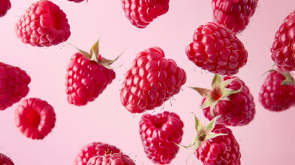 Various fresh ripe raspberries falling on a light pink background, horizontal composition.