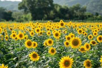 Fototapeta premium A field of vibrant yellow sunflowers with one flower in focus, highlighting the beauty of nature - Generative ai