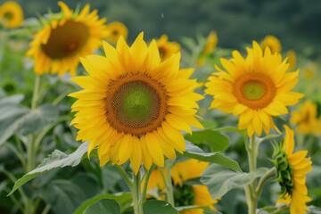 Fototapeta premium A field of vibrant yellow sunflowers with one flower in focus, highlighting the beauty of nature - Generative ai