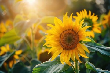 Naklejka premium A field of vibrant yellow sunflowers with one flower in focus, highlighting the beauty of nature - Generative ai