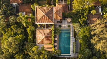Aerial view of a luxury villa with a swimming pool and landscaped garden