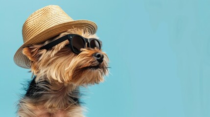 Yorkshire Terrier dog wearing a hat and sunglasses