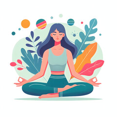 A young beautiful girl sitting in the lotus position, isolated on a white background, Flat vector Illustration