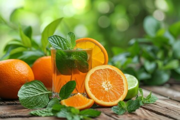 Fresh oranges with mint leaves vibrant and healthy high quality photography detailed and colorful bright outdoor setting summer vibes