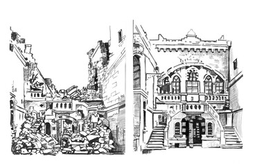 A building in Aleppo, Syria, before and after the destruction. Hand drawing. Jpg fotmat