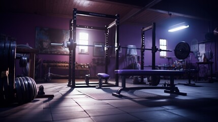 Nighttime wide angle shot of empty modern gym with purple lighting, weight equipment, and no people
