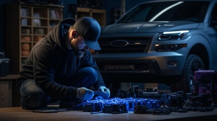 Auto mechanic repairing car in modern garage for expert technician service and maintenance