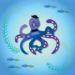 A funny octopus,  cartoon character, wearing a hat and bow tie, swimming in the sea with seaweeds and fish