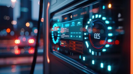 Obraz premium Innovative Charging Station Displaying Charge Rate, Time Remaining, and Environmental Metrics Against Urban Backdrop