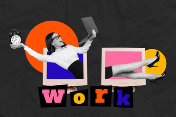 Creative trend collage of funny young female business worker monitors remote computer unusual fantasy billboard comics