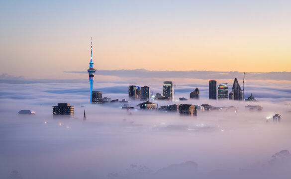 Auckland, New Zealand - July 18 2024: Auckland skyline and Sky Tower in the fog at dawn. View from Mount Eden summit.