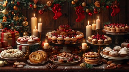 Fototapeta premium Festive holiday dessert table with decorations - generative ai