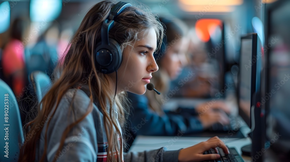 Poster students working productively in a modern computer lab with high speed internet and advanced technol