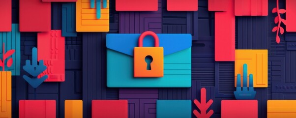 Vibrant Cybersecurity Illustration with Locks and Symbols Representing Digital Protection and Information Security