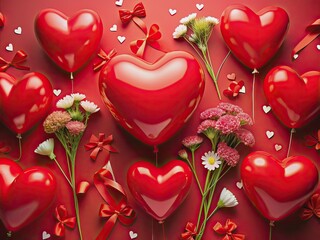Vibrant red background with heart-shaped balloons, flowers, and awareness ribbons, symbolizing support for women's heart health and the fight against cardiovascular disease.