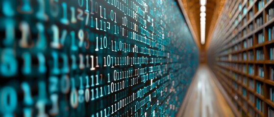 Digital Innovation in Academic Library: Futuristic Chalkboard with 3D Graphics and Binary Code