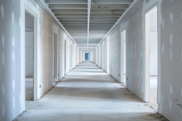 Long empty corridor in a new building under construction, with white walls and ceiling with beams and tiles.