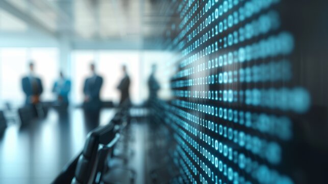 Futuristic Holographic Chalkboard in High-Tech Boardroom with Executives - Perfect for Business and Tech Strategy Discussions