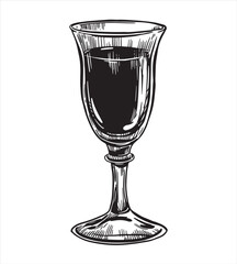 Glass of liquor black and white linear sketch. Vector ink drawing of a glass. Alcoholic beverage Nocino
