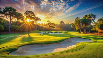 Serene sunlight casts a warm glow on a pristine sand trap surrounded by lush green grass on a picturesque Myrtle Beach golf course landscape.