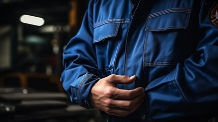 Auto mechanic in blue uniform fixing vehicle in modern garage, servicing automobile