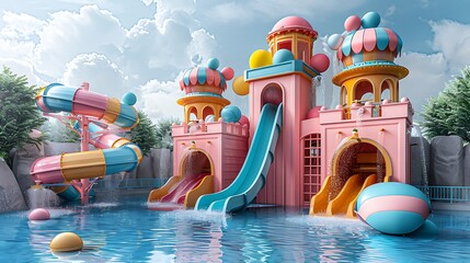 Colorful birthday party invitation set in an open area water park with slides and pools featuring a writing space on the right side for birthday wishes and event details
