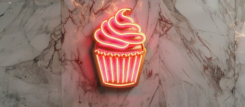 Illuminated neon cupcake sign on a marble wall