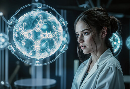 portrait of a female doctor with a virtual globe  - Powered by Adobe