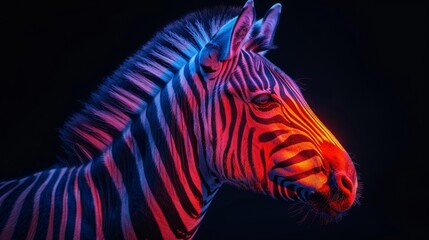 Neon lit zebra portrait - generative ai