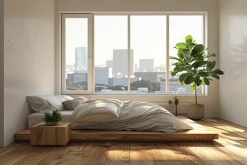 Modern bedroom interior with wooden floor, white walls and panoramic window overlooking the city.