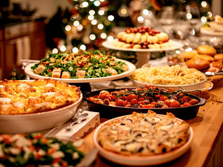Christmas dinner buffet with a variety of delicious dishes