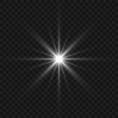 White glowing light flashes with transparent. Vector illustration for decorating cool effect with sequins rays. Bright Star. Transparent background, bright flash.