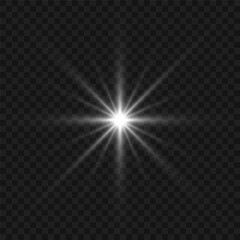 White glowing light flashes with transparent. Vector illustration for decorating cool effect with sequins rays. Bright Star. Transparent background, bright flash.
